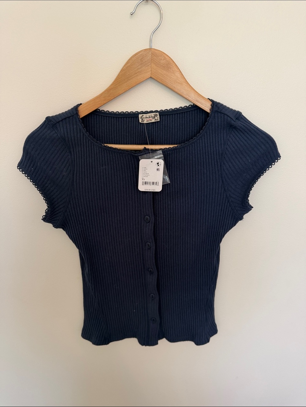 Free People Navy Ribbed Button-Front Tee